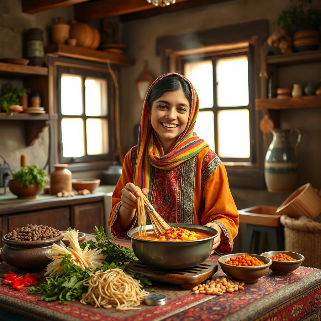 A traditional Iranian girl joyfully cooking Ash Reshteh, a Persian noodle soup, in a cozy, rustic kitchen