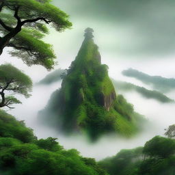 A mystical hill covered in a lush green canopy with fog slowly creeping over its peak, imbuing the scenery with a sense of enchantment.