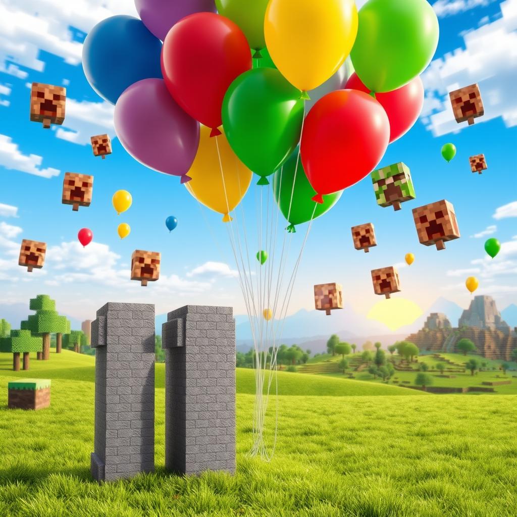 A colorful and whimsical scene featuring Minecraft-style balloons in various shapes and sizes, floating in a bright, cheerful sky