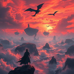 A stunning and dramatic landscape featuring a surreal world with intense colors and contrasting elements