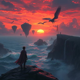 A stunning and dramatic landscape featuring a surreal world with intense colors and contrasting elements