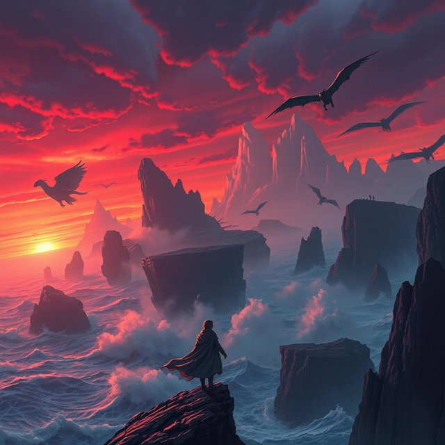 A stunning and dramatic landscape featuring a surreal world with intense colors and contrasting elements