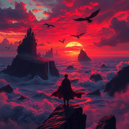 A stunning and dramatic landscape featuring a surreal world with intense colors and contrasting elements