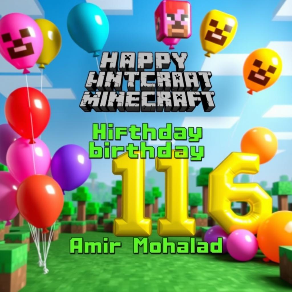 A vibrant and colorful Minecraft-themed birthday scene featuring balloons in various bright colors and the number eleven prominently displayed