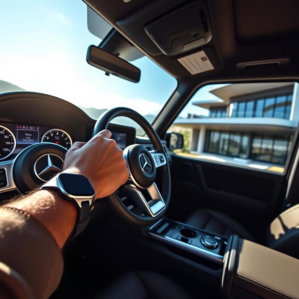A detailed interior view of a Mercedes G63 cockpit, showcasing the luxurious dashboard with high-tech features and a modern aesthetic