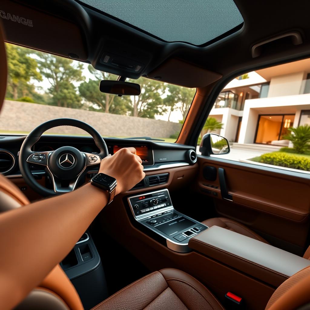 An interior view of a luxurious Mercedes G63 cockpit, showcasing the sleek dashboard, plush leather seats, and a sophisticated steering wheel