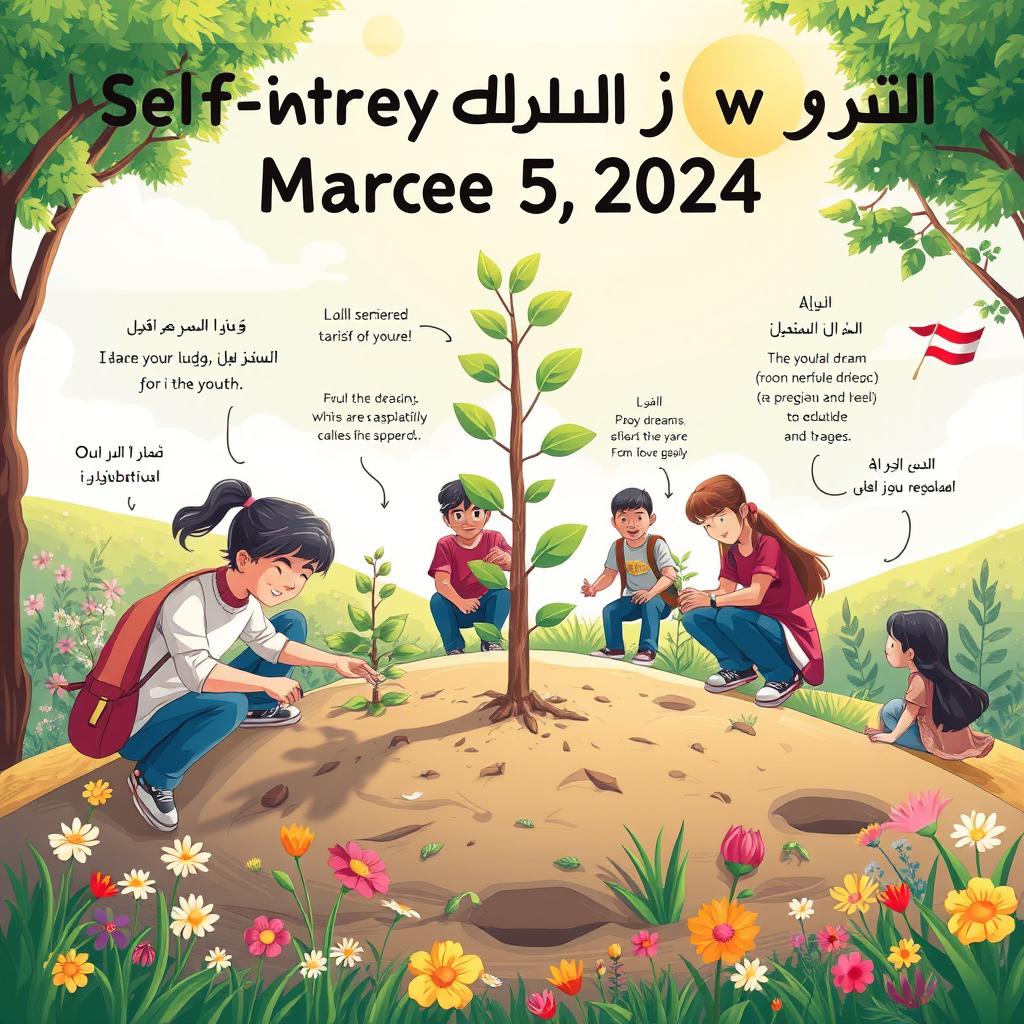 A symbolic illustration of a tree-planting event that represents self-awareness and transformation for the youth, set on March 5, 2024, in the Iranian calendar