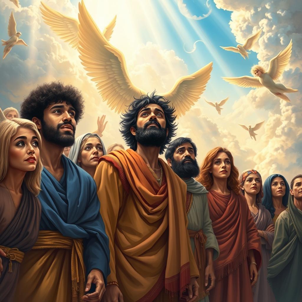 A group of diverse humans standing together in a grand, celestial setting depicting the Day of Judgment