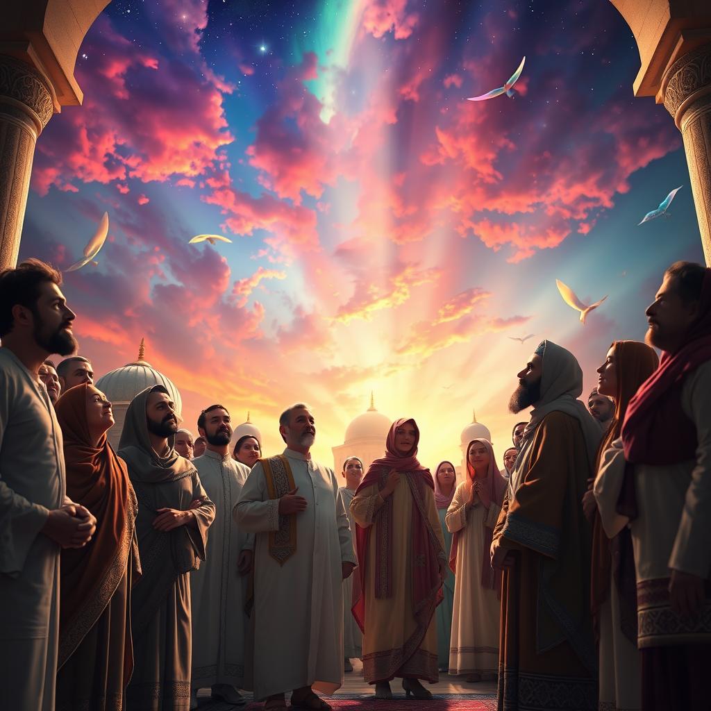 An imaginative depiction of Iranian human figures in a vivid scene inspired by the concept of the Day of Resurrection (Qiyamat)
