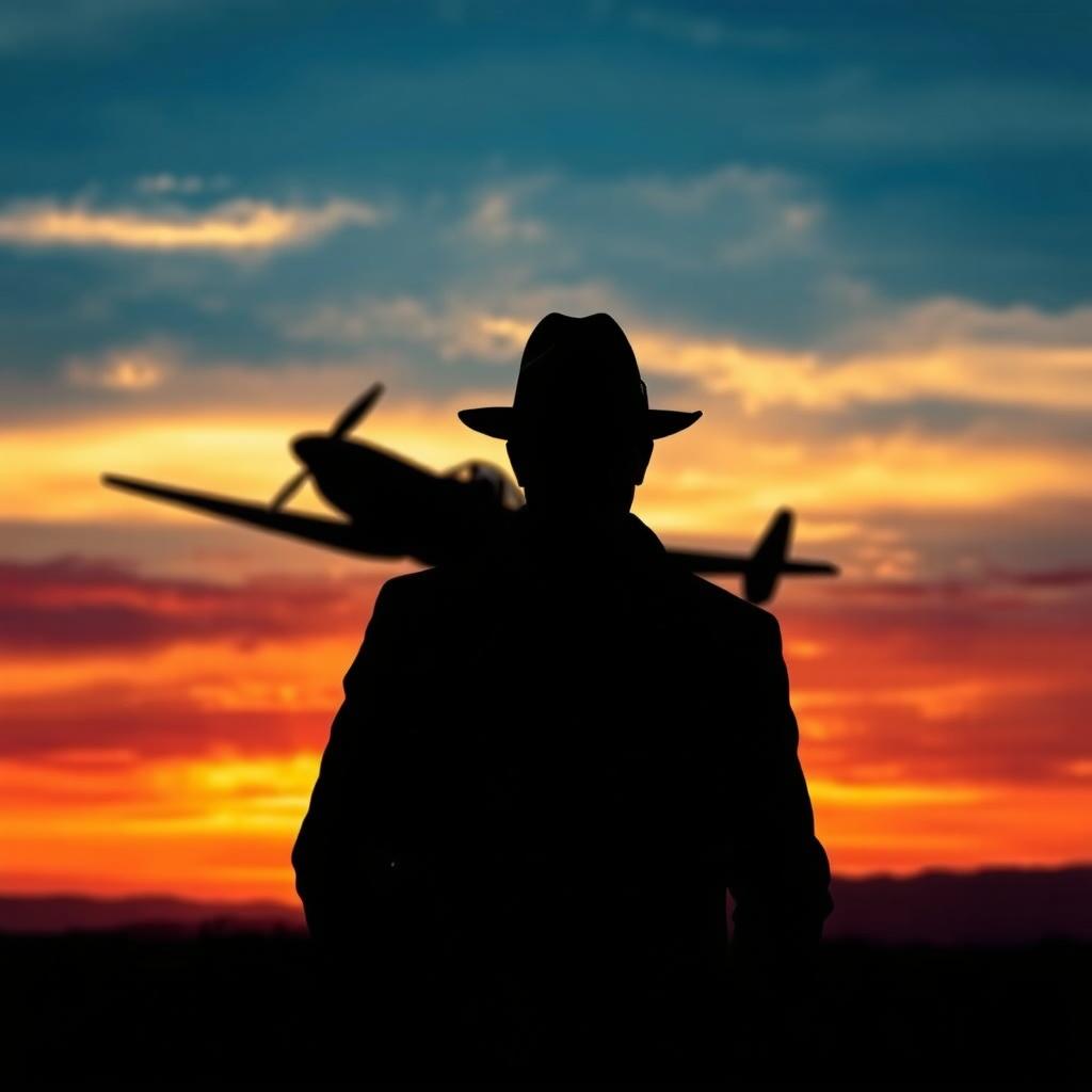 A captivating scene featuring the silhouette of a fighter plane soaring across a vibrant sunset, casting a striking outline against the colorful sky