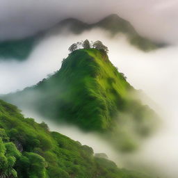 A mystical hill covered in a lush green canopy with fog slowly creeping over its peak, imbuing the scenery with a sense of enchantment.