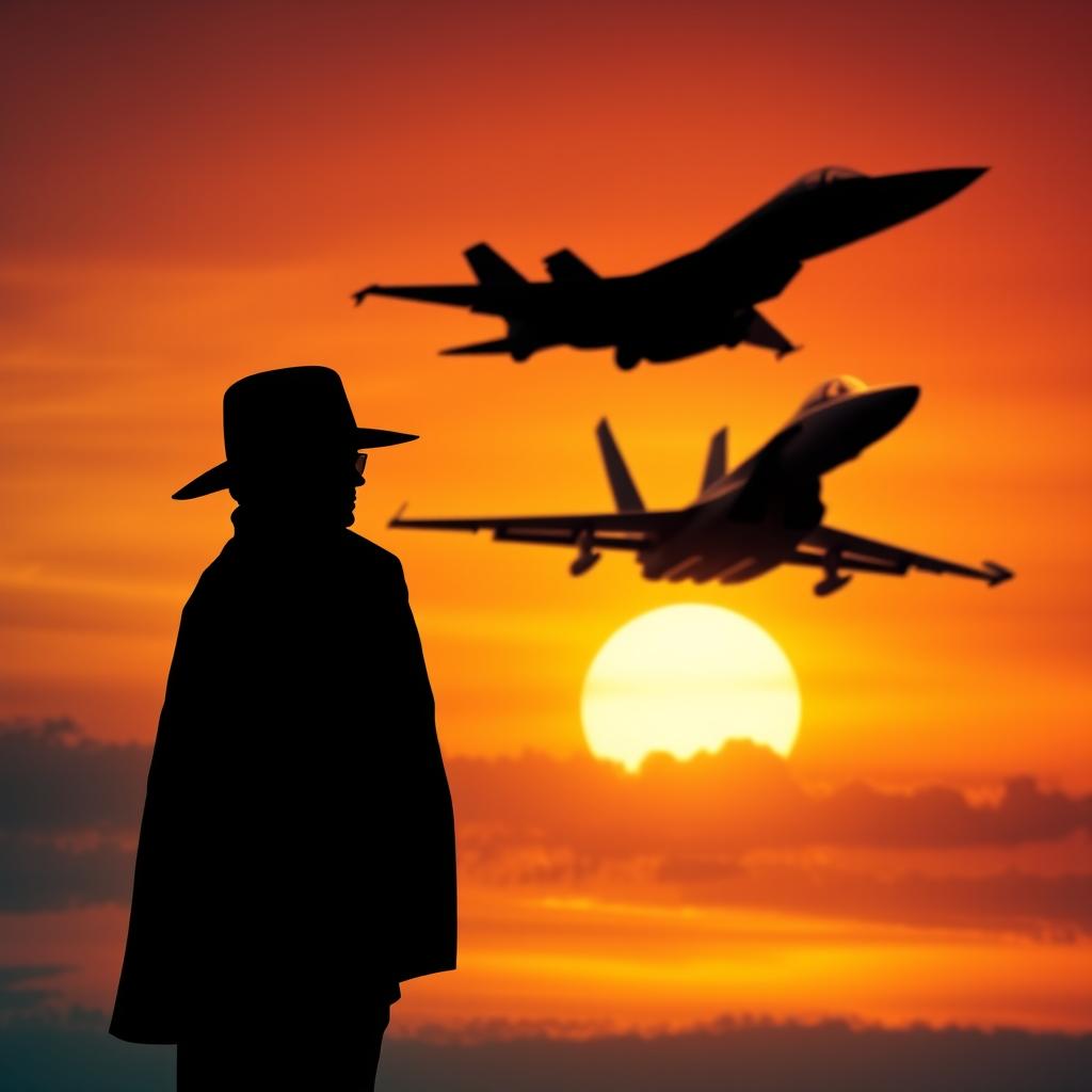 A striking scene featuring the silhouette of a super modern fighter plane soaring through the sky in the background, showcasing sleek lines and advanced design against a colorful sunset backdrop