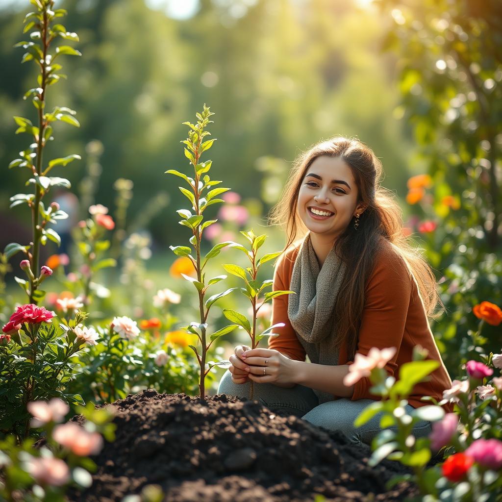 A heartfelt depiction of tree planting day on 15 Esfand 1403, symbolizing change, self-awareness, and personal growth for a young woman