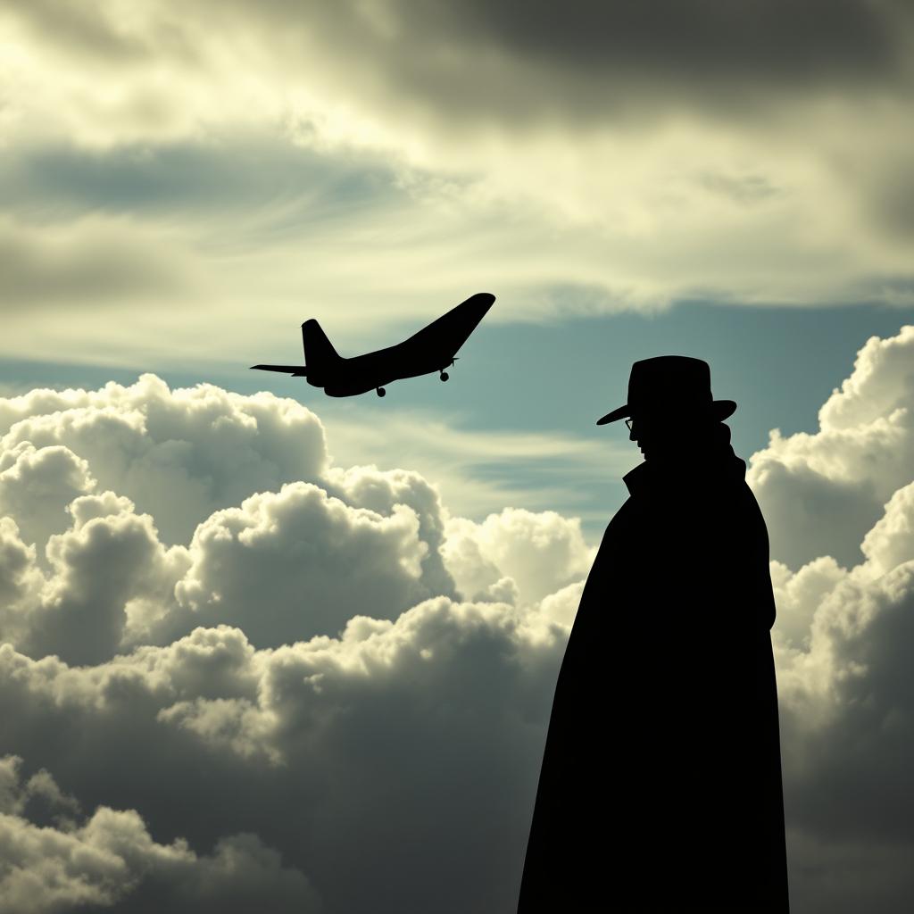 A captivating scene depicting the silhouette of a fighter plane soaring through a sky filled with dynamic clouds in the background, creating a dramatic atmosphere