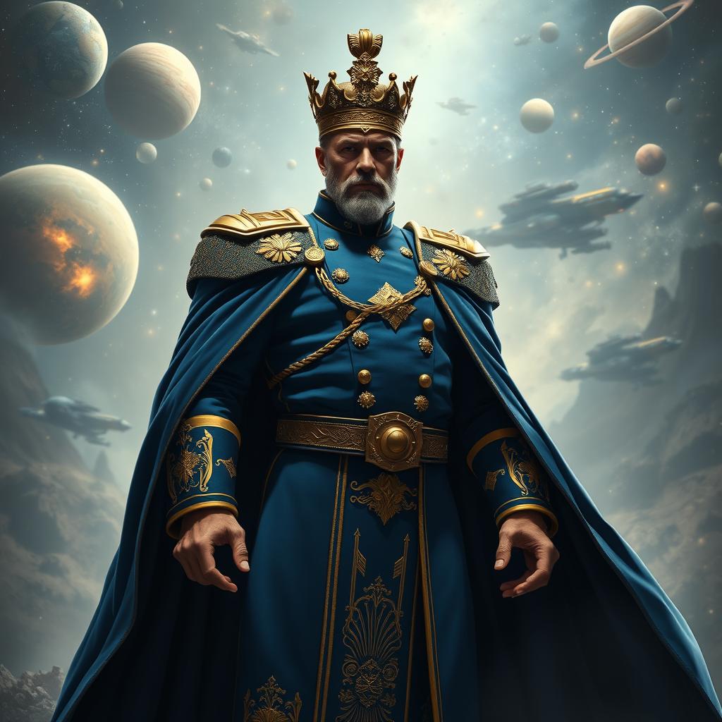 A powerful figure standing tall as the Emperor of the universe, clad in an elaborate military uniform adorned with golden insignias and intricate designs