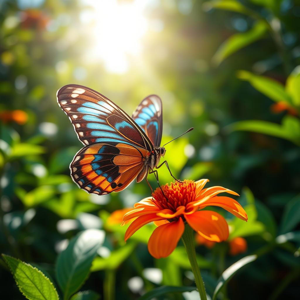 A stunning close-up photograph of a vibrant butterfly perched delicately on a colorful flower in a lush, green natural setting
