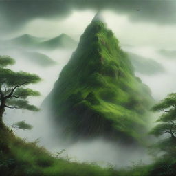 A hyper realistic portrayal of a mystical hill enveloped in lush green foliage with creepingly slow fog draping over its peak, creating a sense of enchantment.