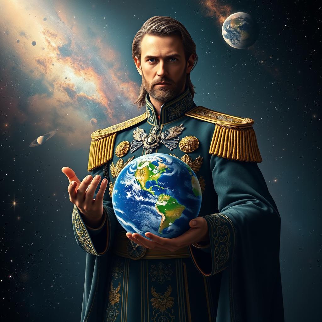 The Emperor of the universe, depicted in an ornate military uniform adorned with intricate details and insignias, stands majestically against a cosmic backdrop filled with stars and galaxies