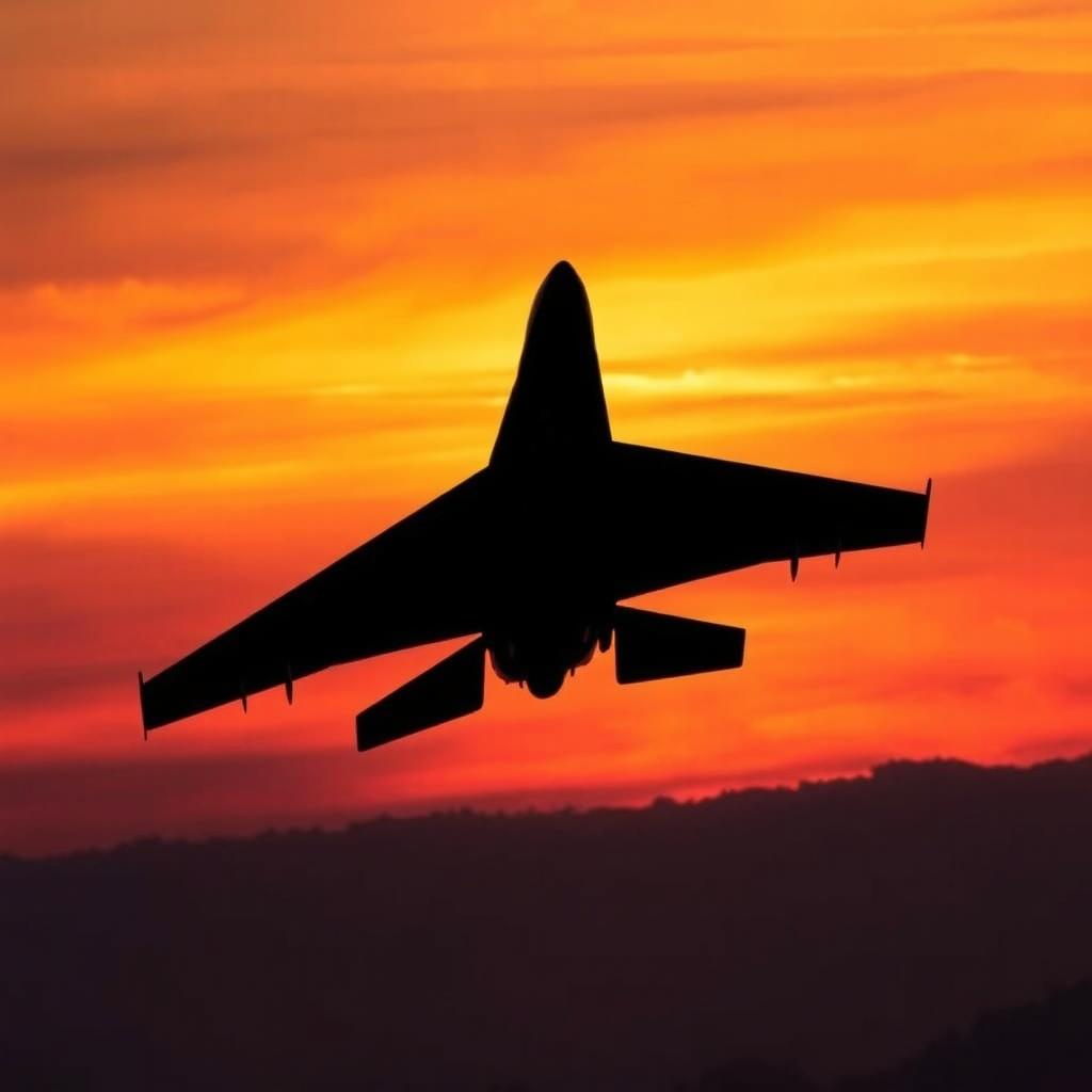 A striking silhouette of a military fighter plane, captured in a dramatic pose as it ascends against a vibrant sunset sky
