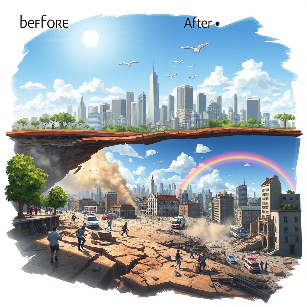 A dramatic scene depicting the three stages of an earthquake: Before - a peaceful city skyline with people going about their day, trees gently swaying, and birds in the sky under a bright blue sky