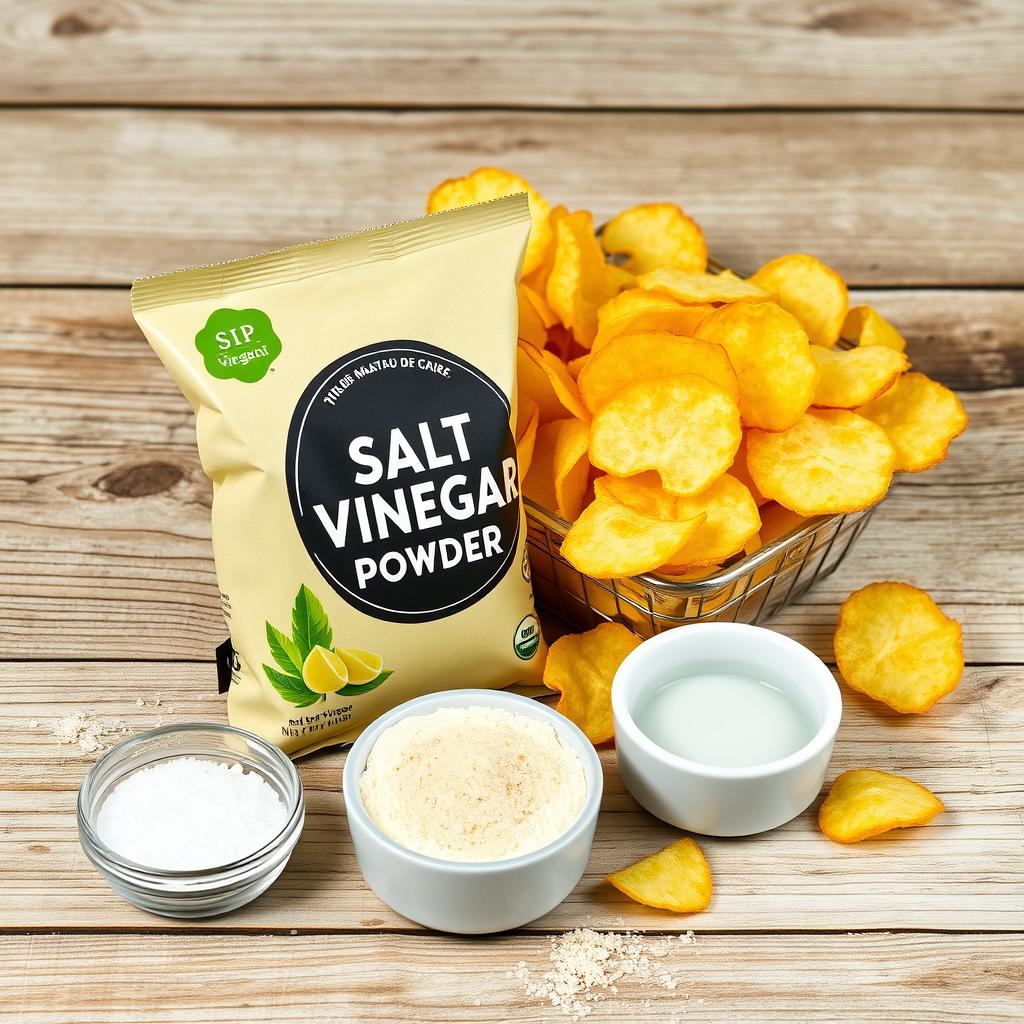 A visually appealing product display featuring a salt vinegar powder packaging prominently placed next to crispy potato chips, alongside small bowls of salt and vinegar