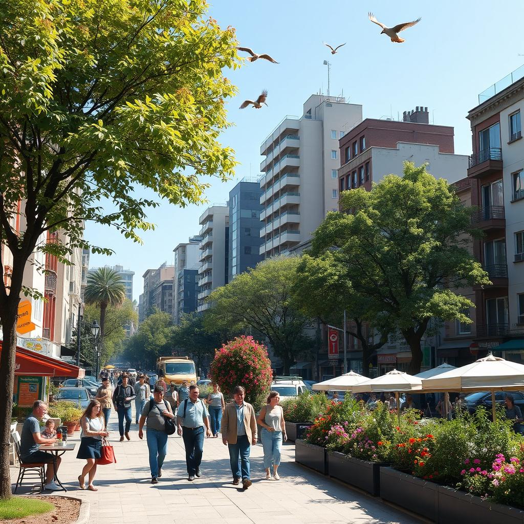 A serene urban landscape before an earthquake, showcasing a typical day in a vibrant city