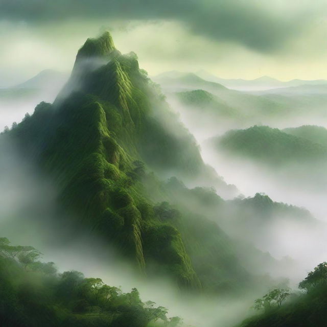 A hyper realistic portrayal of a mystical hill enveloped in lush green foliage with creepingly slow fog draping over its peak, creating a sense of enchantment.