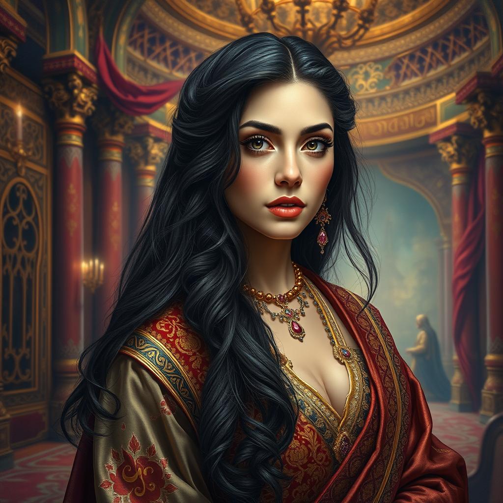 A hyperrealistic painting of Scheherazade, the enchanting storyteller from the 1001 Nights, depicted with exquisite realism