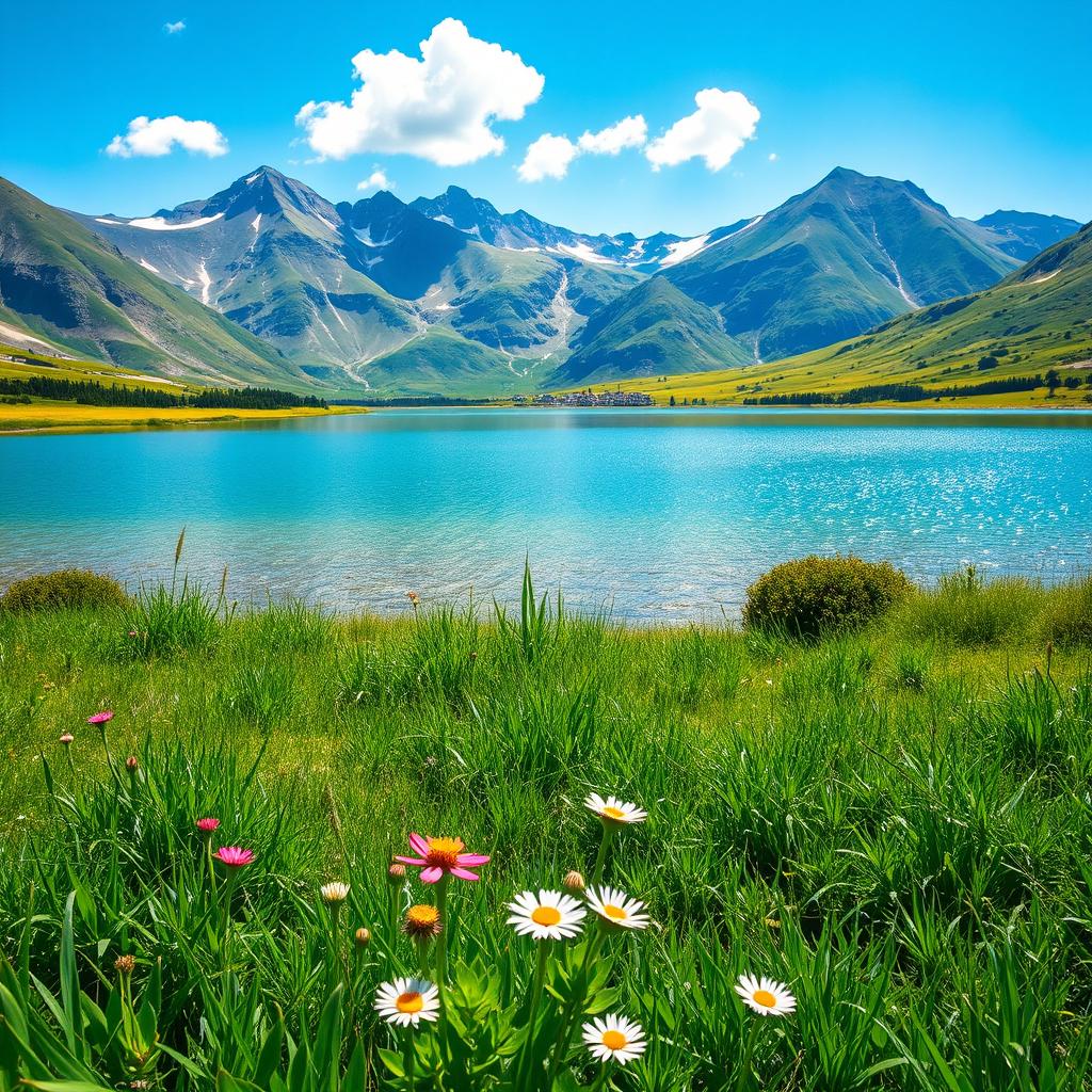 An image depicting a clear and sharp landscape with vibrant colors, beautiful mountains under a bright blue sky, and a sparkling lake reflecting the scenery