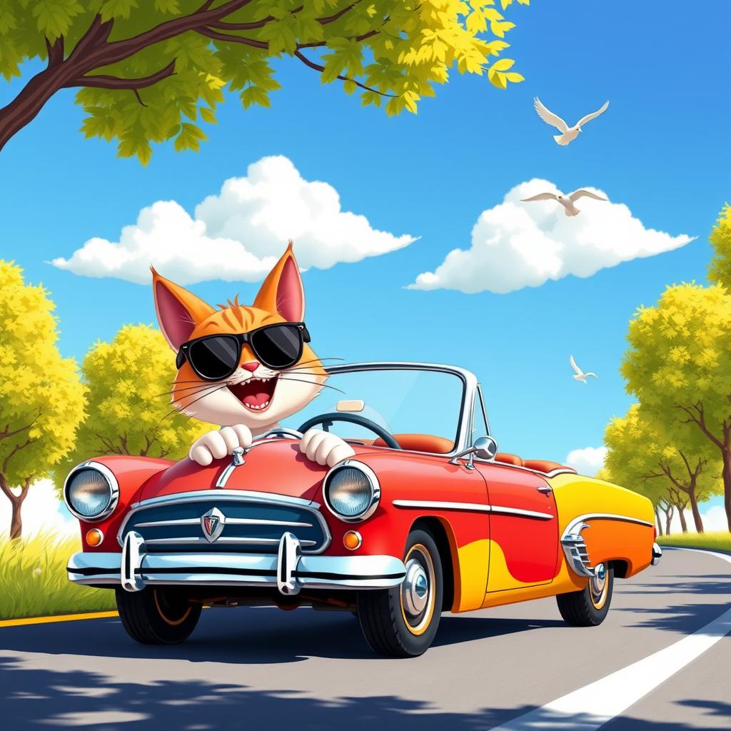 A whimsical scene of a cartoon cat driving a colorful, vintage convertible car down a sunny, tree-lined road