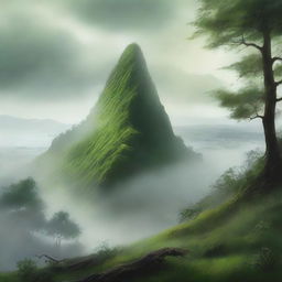 A hyper realistic portrayal of a mystical hill enveloped in lush green foliage with creepingly slow fog draping over its peak, creating a sense of enchantment.