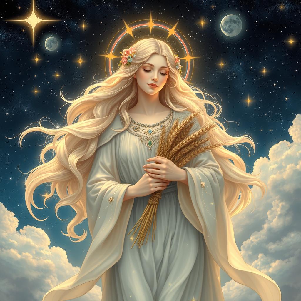 A breathtaking depiction of a celestial goddess embodying Virgo, radiant in grace and purity