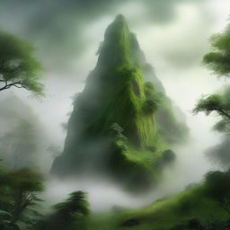 A hyper realistic portrayal of a mystical hill enveloped in lush green foliage with creepingly slow fog draping over its peak, creating a sense of enchantment.