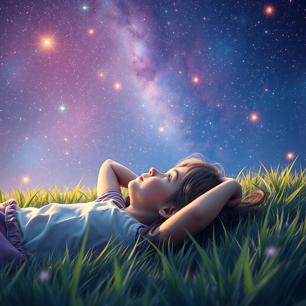 A little girl laying on her back in soft, lush grass, with her hands behind her head, gazing up at a stunning night sky filled with beautiful twinkling stars