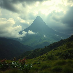 A breathtaking landscape inspired by 'The Lord of the Rings', featuring the ominous Mount Doom majestically towering at the top of the image