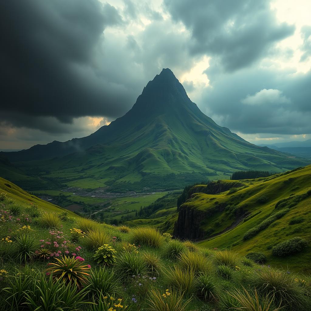A breathtaking landscape inspired by 'The Lord of the Rings', featuring the ominous Mount Doom majestically towering at the top of the image