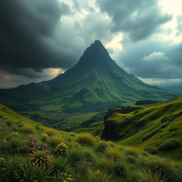 A breathtaking landscape inspired by 'The Lord of the Rings', featuring the ominous Mount Doom majestically towering at the top of the image