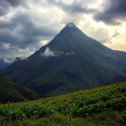 A breathtaking landscape inspired by 'The Lord of the Rings', featuring the ominous Mount Doom majestically towering at the top of the image
