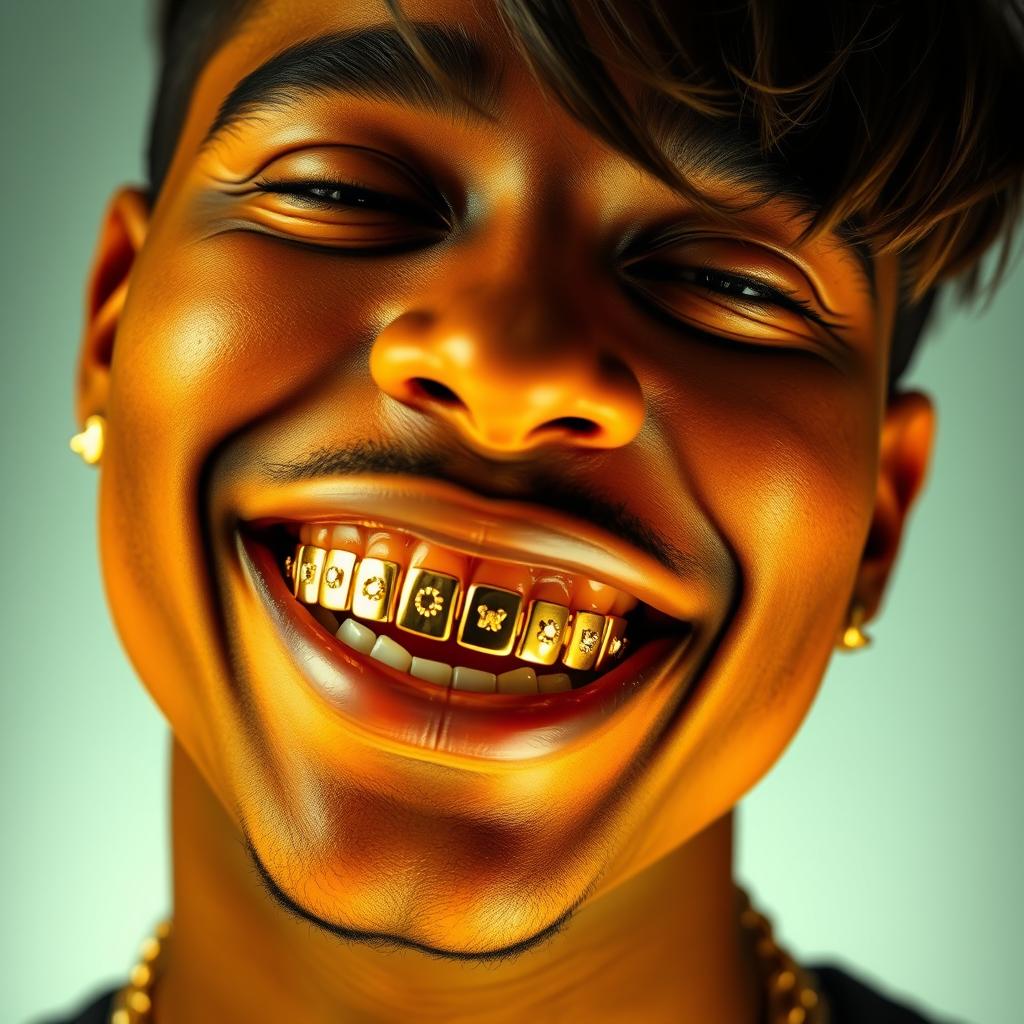 A close-up portrait of a person smiling, showcasing their teeth adorned with golden grills