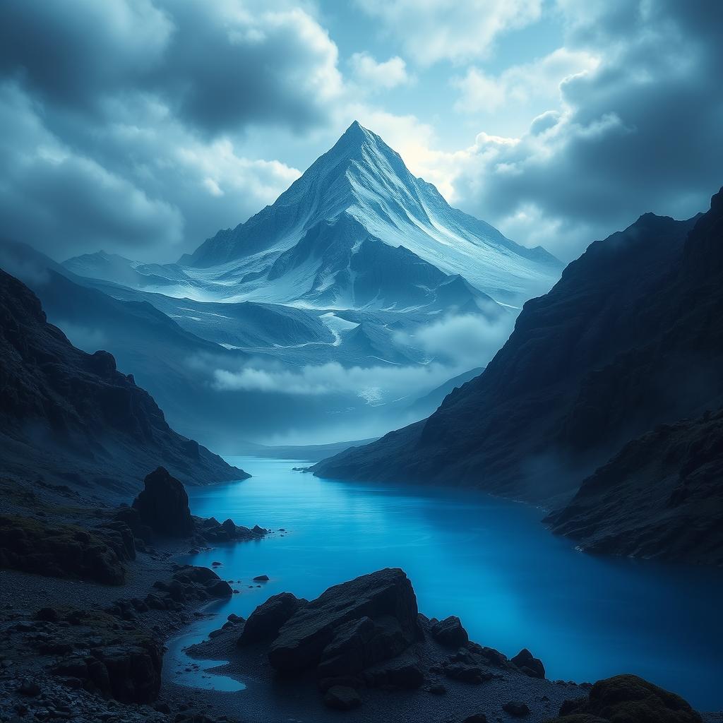 An enchanting landscape inspired by 'The Lord of the Rings', showcasing the iconic Mount Doom majestically at the top of the image