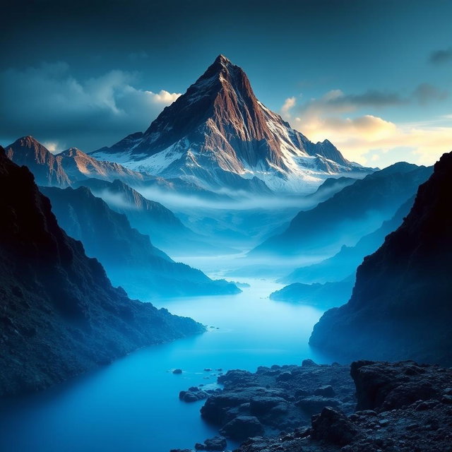 An enchanting landscape inspired by 'The Lord of the Rings', showcasing the iconic Mount Doom majestically at the top of the image