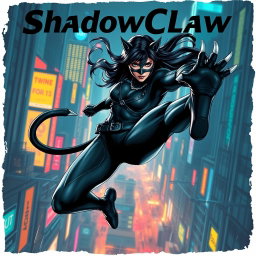 An exhilarating digital artwork of ShadowClaw, a beautiful action hero and Superpower-Pantherwoman ninja, captured mid-air in a dynamic comic-strip style