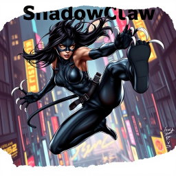 An exhilarating digital artwork of ShadowClaw, a beautiful action hero and Superpower-Pantherwoman ninja, captured mid-air in a dynamic comic-strip style