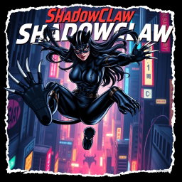An exhilarating digital artwork of ShadowClaw, a beautiful action hero and Superpower-Pantherwoman ninja, captured mid-air in a dynamic comic-strip style