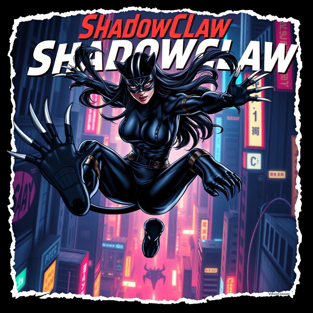 An exhilarating digital artwork of ShadowClaw, a beautiful action hero and Superpower-Pantherwoman ninja, captured mid-air in a dynamic comic-strip style