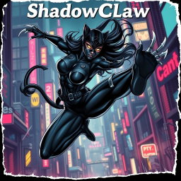 An exhilarating digital artwork of ShadowClaw, a beautiful action hero and Superpower-Pantherwoman ninja, captured mid-air in a dynamic comic-strip style