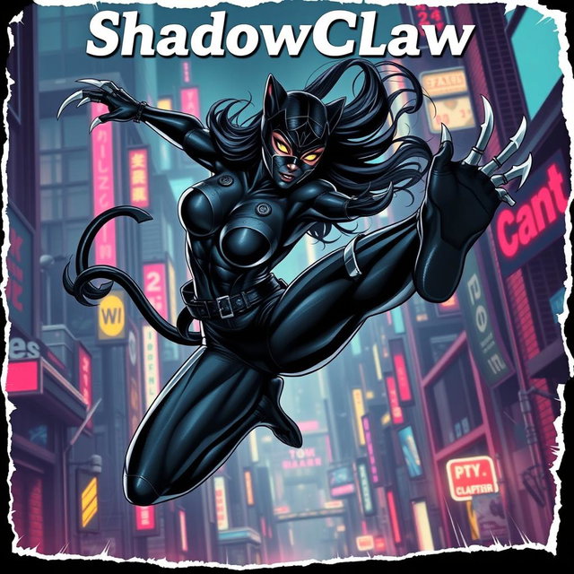 An exhilarating digital artwork of ShadowClaw, a beautiful action hero and Superpower-Pantherwoman ninja, captured mid-air in a dynamic comic-strip style