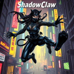 An exhilarating digital artwork of ShadowClaw, a stunning action hero and Superpower-Pantherwoman ninja, captured mid-air in a dynamic comic-strip style