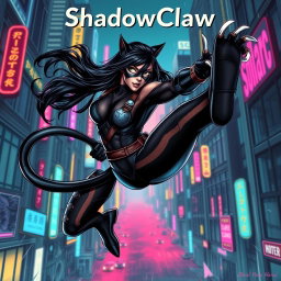 An exhilarating digital artwork of ShadowClaw, a stunning action hero and Superpower-Pantherwoman ninja, captured mid-air in a dynamic comic-strip style