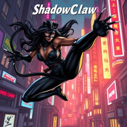 An exhilarating digital artwork of ShadowClaw, a stunning action hero and Superpower-Pantherwoman ninja, captured mid-air in a dynamic comic-strip style
